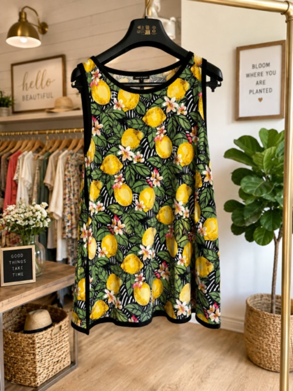 Cable & Gauge Lemon Floral Sleeveless Swing Tank Top